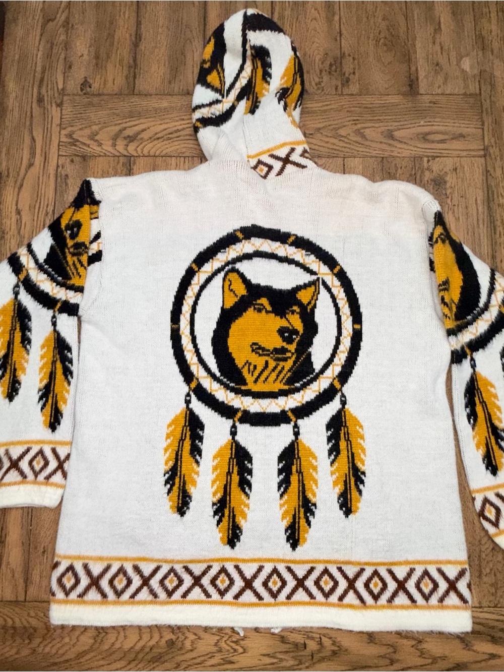 Vintage 90s Tejidos Imalaya Wool Wolf Dreamcatcher Hooded Full Zip Sweater L/XL - Picture 12 of 12